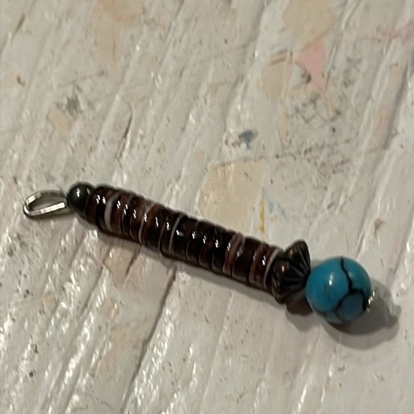 1.5” 16 wooden seed bead & round turquoise color bead charm pendant w/jump hoop - Picture 5 of 14